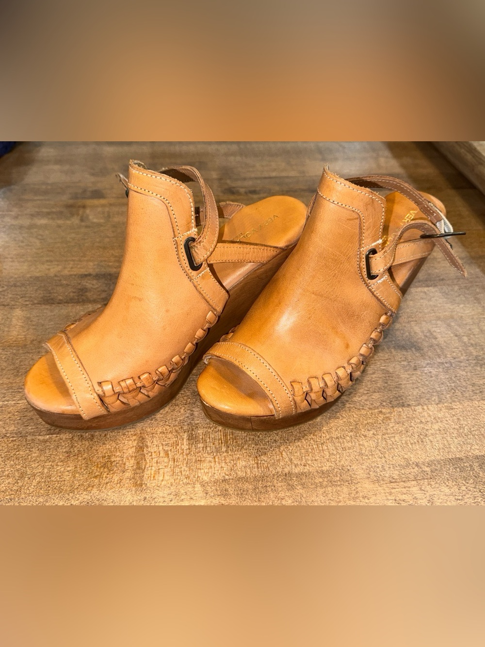 Women's Tan Leather Open-Toe Woven Wedge Sandals
